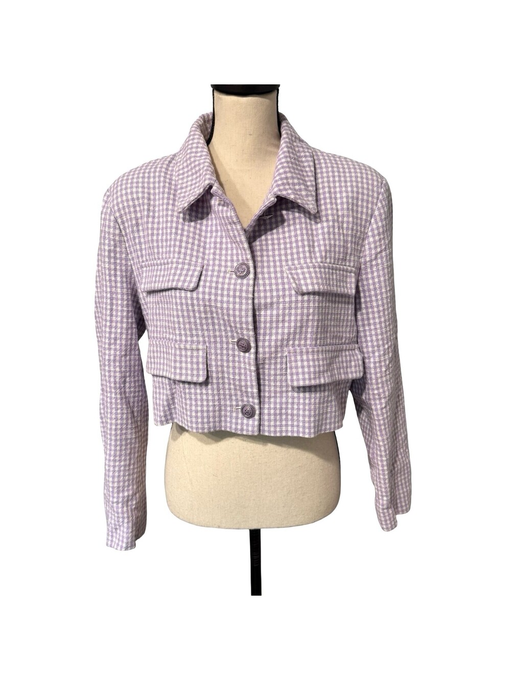 Zara Purple & White Gingham Cropped Jacket - Size XL